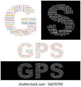 GPS. Word collage. Illustration with different association terms.