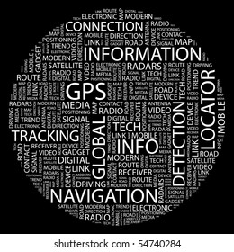 GPS. Word collage on black background. Vector illustration.