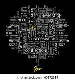 GPS. Word collage on black background. Illustration with different association terms.