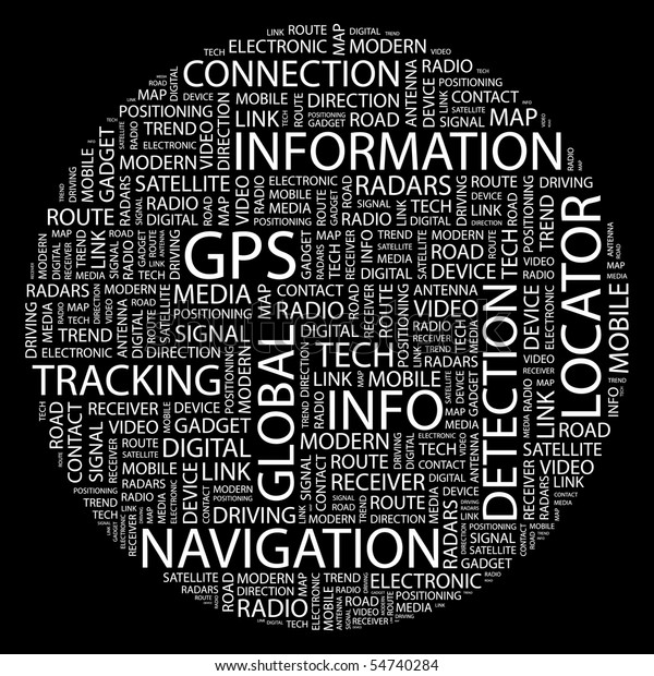 GPS. Word collage on black background.\
Vector illustration.