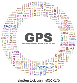 GPS. Word-Collage auf weißem Hintergrund. Illustration mit unterschiedlichen Assoziationsbegriffen.