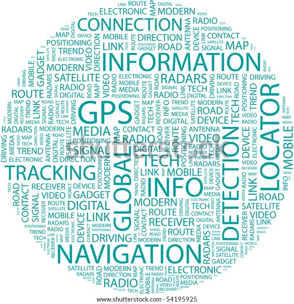 GPS. Word collage on white background.\
Vector illustration.