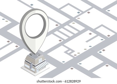 GPS.Design of GPS icon dropping on shop in street map.vector illustration