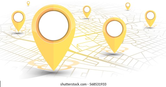 GPS.navigator pin yellow color mock up with map on white background. vector illustration