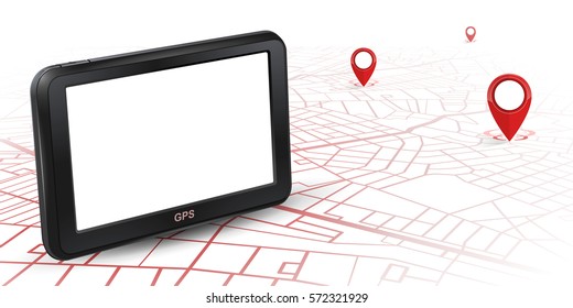 GPS.navigator unit mock up on map with gps icon red color. vector illustration