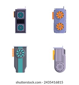 Gpu card icons set cartoon vector. Computer graphic card with cooling fan. Personal computer component