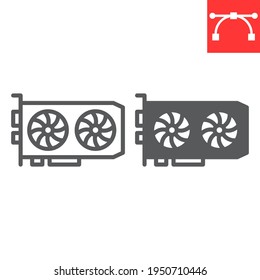 Línea de tarjeta GPU e icono de glifo, minería de hardware y bitcoin, icono del vector de tarjeta gráfica, gráficos vectoriales, símbolo de contorno de trazo editable, eps 10