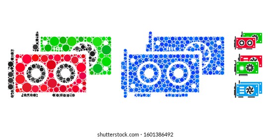 GPU cards mosaic of round dots in variable sizes and shades, based on GPU cards icon. Vector dots are grouped into blue mosaic. Dotted GPU cards icon in usual and blue versions.