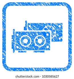 Gpu Cards rubber seal stamp imitation. Icon vector symbol with grunge design and dirty texture in rounded frame. Scratched blue sign on a white background.