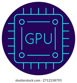 Ícone de chip GPU. Contorno de néon minimalista em um fundo redondo azul escuro. Ilustração vetorial e elegante de uma unidade de processamento gráfico, simbolizando o poder de computação, alto desempenho