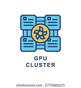 Gpu cluster icon with blue servers and yellow processor