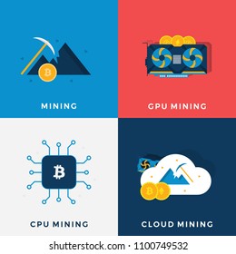 GPU, CPU and Cloud Mining Vector Concept. Bitcoin Mining with Pickaxe, Coin and Mountain. Flat Vector Illustration Set in Crypto Theme