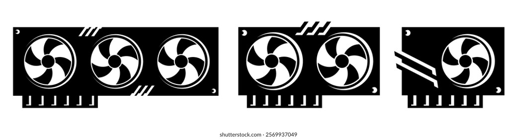 GPU flat icon set. Best graphics card  with three fans, two fans and one fans. Vector illustration isolated on white background.