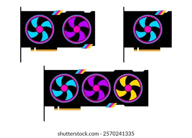 GPU flat icon set. Best graphics card with colorful gradient fans for cooling in flat style. Vector illustration isolated on white background.