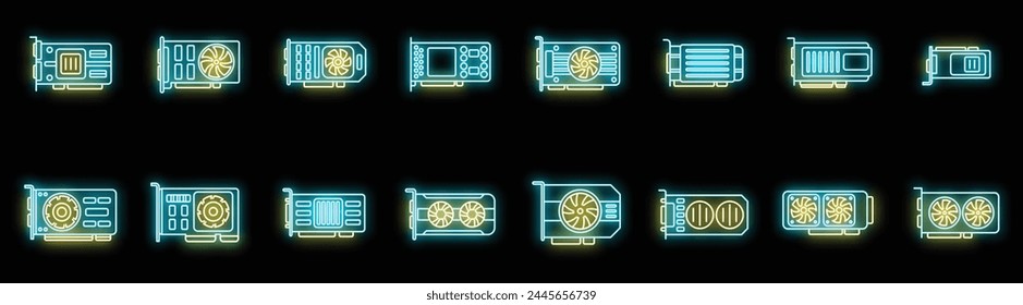 GPU graphic card icons set outline vector. Hard ware. Board capacitor neon color on black