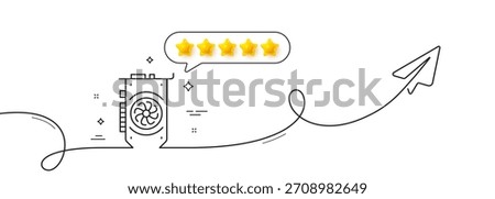 Gpu graphic card line icon. Continuous line with share plane. Computer component hardware sign. Five star rate review in speech bubble. Gpu single line ribbon. Loop curve pattern. Vector