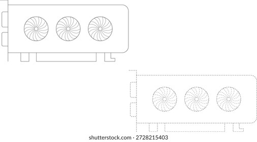 Ícone de contorno de placa gráfica GPU definido com traçado sólido e tracejado, desenho de linha de placa de vídeo de hardware de computador isolado no vetor de fundo branco
