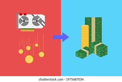 GPU graphics video card find digital coins from blockchain and exchange them for real money, cryptocurrency mining concept, illustration vector design financial.
