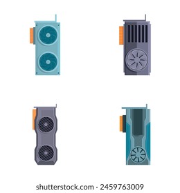 Iconos de Gpu conjunto de Vector de dibujos animados. Tarjeta gráfica de ordenador con ventilador de refrigeración. Componente de ordenador personal