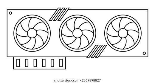 GPU line icon. Modern Graphic Processing Unit with three fans. Vector illustration isolated on white background.