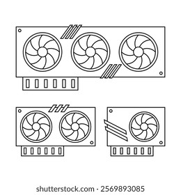 GPU line icon set. Modern Graphics Processing Unit with three fans, two fans and one fans. Vector illustration isolated on white background.