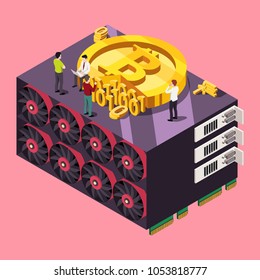 GPU mining Bitcoin concept. Isometric vector illustration