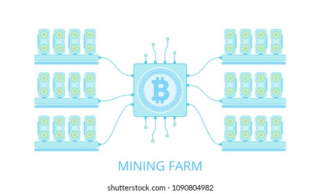 GPU is a mining farm in a flat style. Equipment for Mining Bitcoin. The concept of mining crypto currency on video cards. Vector illustration.