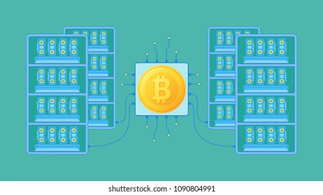 GPU is a mining farm in a flat style. Equipment for Mining Bitcoin. The concept of mining crypto currency on video cards. Vector illustration.