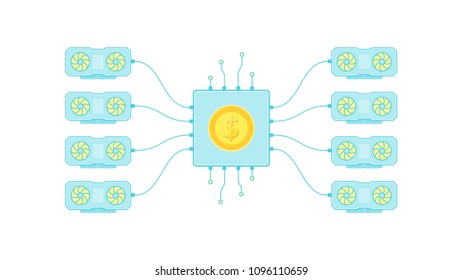 GPU is a mining farm in a flat style. Concept of equipment formining crypto currency on video cards. Vector illustration.