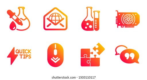 Gpu, Scroll down and Chemistry experiment line icons set. Puzzle, Web mail and Chemistry lab signs. Quickstart guide, Quote bubble symbols. Graphic card, Mouse swipe. Technology set. Vector