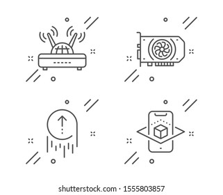 Gpu, Swipe up and Wifi line icons set. Augmented reality sign. Graphic card, Scrolling page, Internet router. Phone simulation. Science set. Line gpu outline icon. Vector