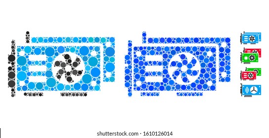GPU video cards mosaic of spheric dots in different sizes and color tinges, based on GPU video cards icon. Vector dots are composed into blue collage.