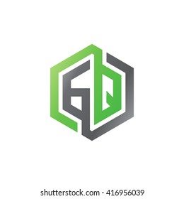 GQ initial letters looping linked hexagon logo black gray green