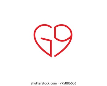 GQ initial logo letter with heart shape red colored, logo design for wedding invitation, wedding name and business name.