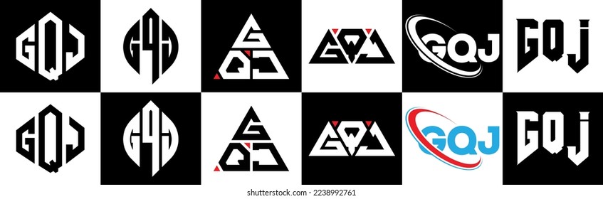 GQJ letter logo design in six style. GQJ polygon, circle, triangle, hexagon, flat and simple style with black and white color variation letter logo set in one artboard. GQJ minimalist and classic logo