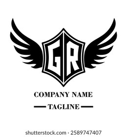 GR A bold winged shield emblem with customizable initials A-Z. Sleek black-and-white vector, perfect for branding, sports teams, motorcycle clubs, gaming,apparel and High-quality
