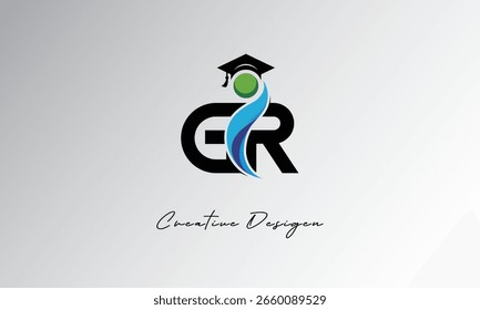 GR Creative Letter Logo with Graduation Cap and Abstract Human – Modern Education and Learning Symbol Design	