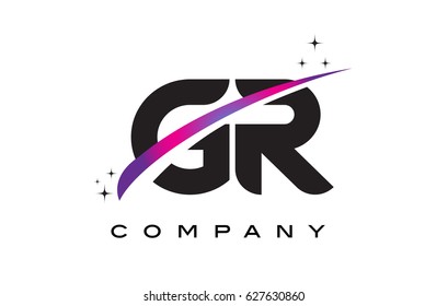 GR G R Black Letter Logo Design with Purple Magenta Swoosh and Stars.