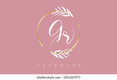 GR g r Letters logo design with golden circle and white leaves on branches around. Vector Illustration with with G and R letters for personal branding, business, eco friendly or natural products. 