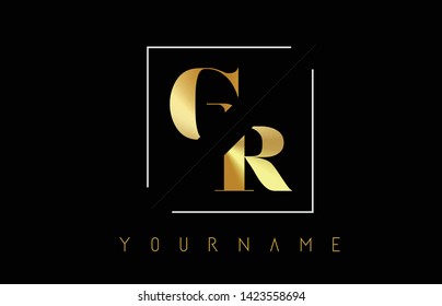 GR Golden Letter Logo with Cutted and Intersected Design and Square Frame Vector Illustration