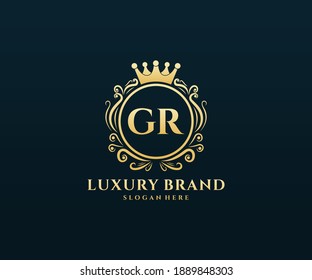 GR Initial Letter Gold calligraphic feminine floral hand drawn heraldic monogram antique vintage style luxury logo design.
