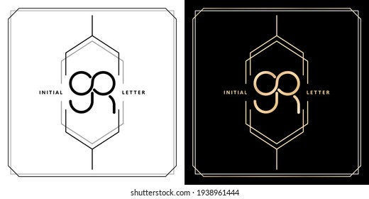 GR initial letter and graphic name, GR Monogram infinity model with hexagonal frames, for Wedding couple name, with two color variation designs gold and monochrome with isolated black white background