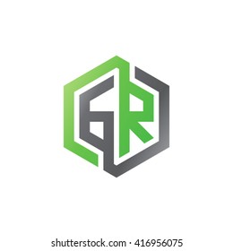 GR initial letters looping linked hexagon logo black gray green