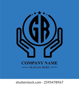 GR initials held within hands, symbolizing trust and protection. The circle represents unity, while stars highlight excellence and ambition.