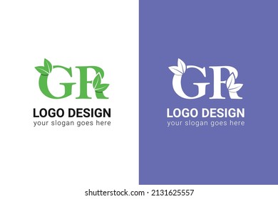 GR letters eco logo with leaf. Vector typeface for nature posters, eco friendly emblem, vegan identity, herbal and botanical cards etc. Ecology GR letters logo with green leaf.