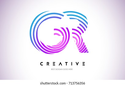 GR Lines Warp Logo Design.Vector Letter Icon Made with Purple Circular Lines.