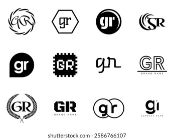 GR logo company template. Letter g and r logotype. Set different classic serif lettering and modern bold text with design elements. Initial font typography. Collection trendy business identity.