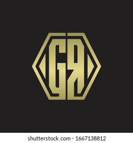 GR Logo monogram with hexagon line rounded design template with gold colors