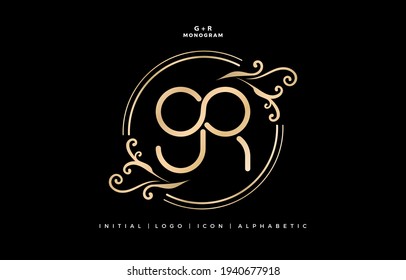 GR monogram infinity model with floral ornament, initial letter and graphic name with golds colors isolated black backgrounds, for insignia, initial letter graphic name, couple name letterpress.