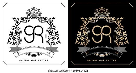 GR royal emblem with crown, black white and black golds labels, initial letter and graphic name Frames Border of floral designs, GR Monogram, for insignia, initial letter frames, wedding couple name.